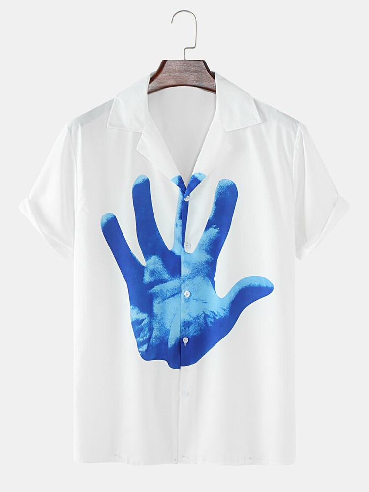 Mens Hand Graphics White Revere Collar Short Sleeve Shirt