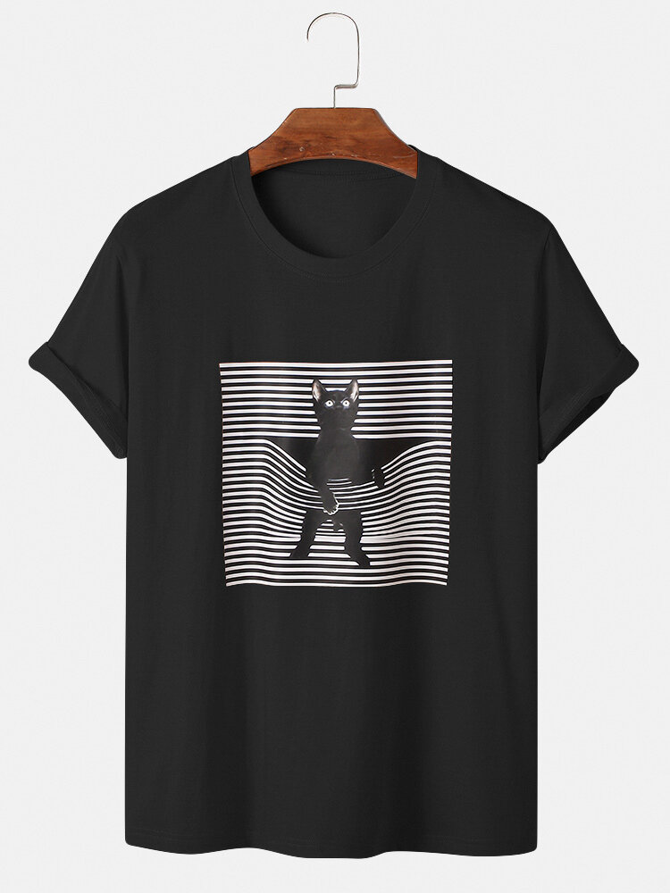 Mens 100% Cotton 3D Cat Graphic Print O-Neck Short Sleeve T-Shirt