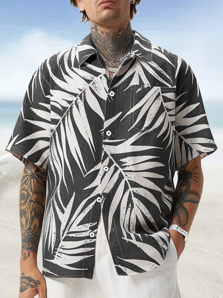 Mens Tropical Leaf Print Chest Pocket Vacation Short Sleeve Shirts