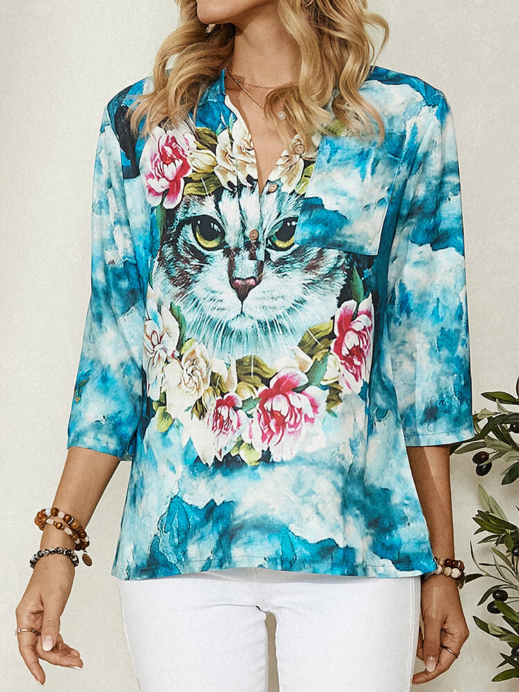 Colorful Cat Floral Print Pocket Long Sleeve Casual Blouse for Women