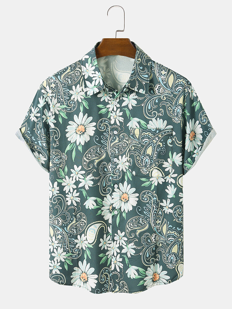 Mens Floral Paisley Printed Chest Pocket Short Sleeve Shirts