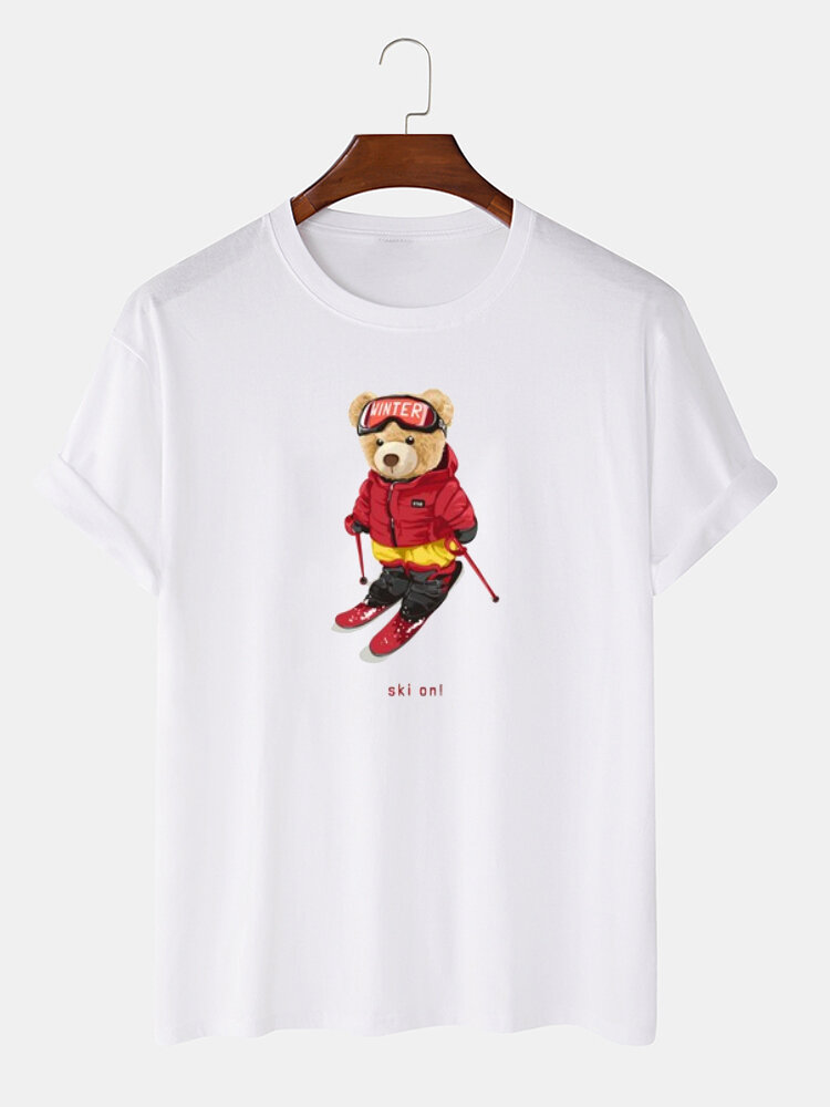 Mens Panda Ski Graphic Crew Neck Casual Cotton Short Sleeve T-Shirts