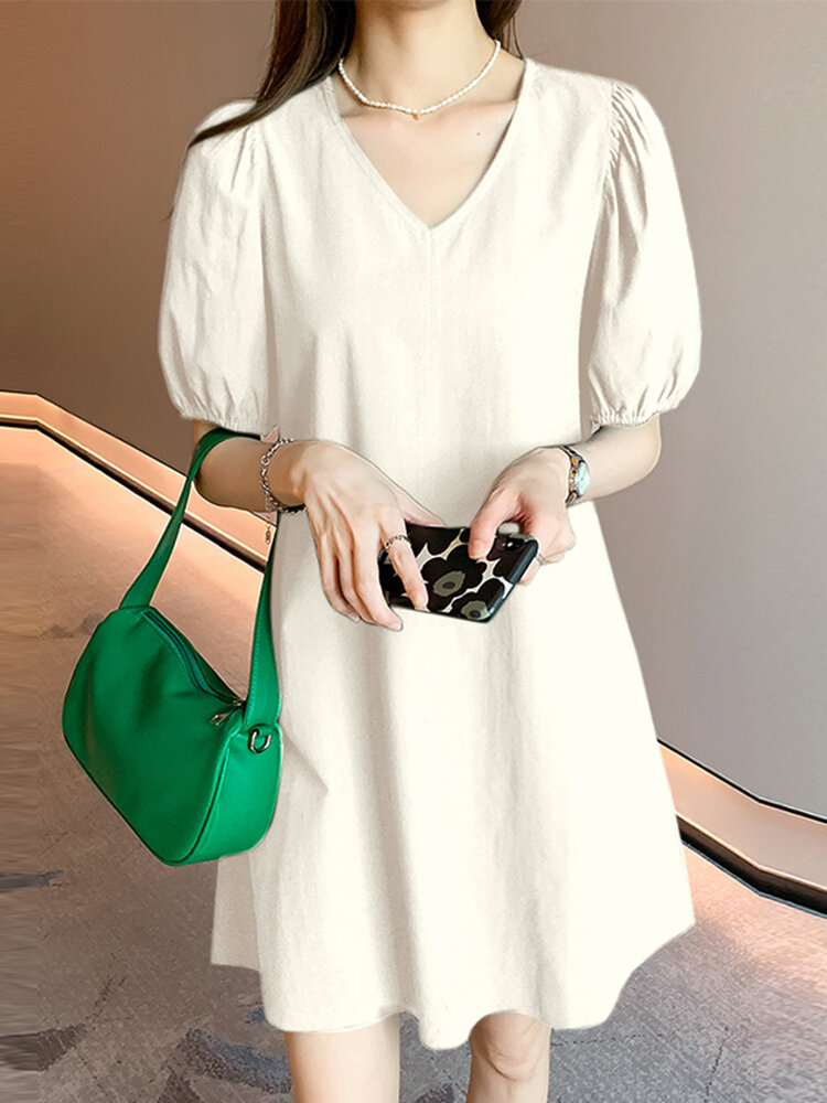 Однотонный V-образный вырез с объемными рукавами Шея Бедро Длина Повседневная одежда Платье