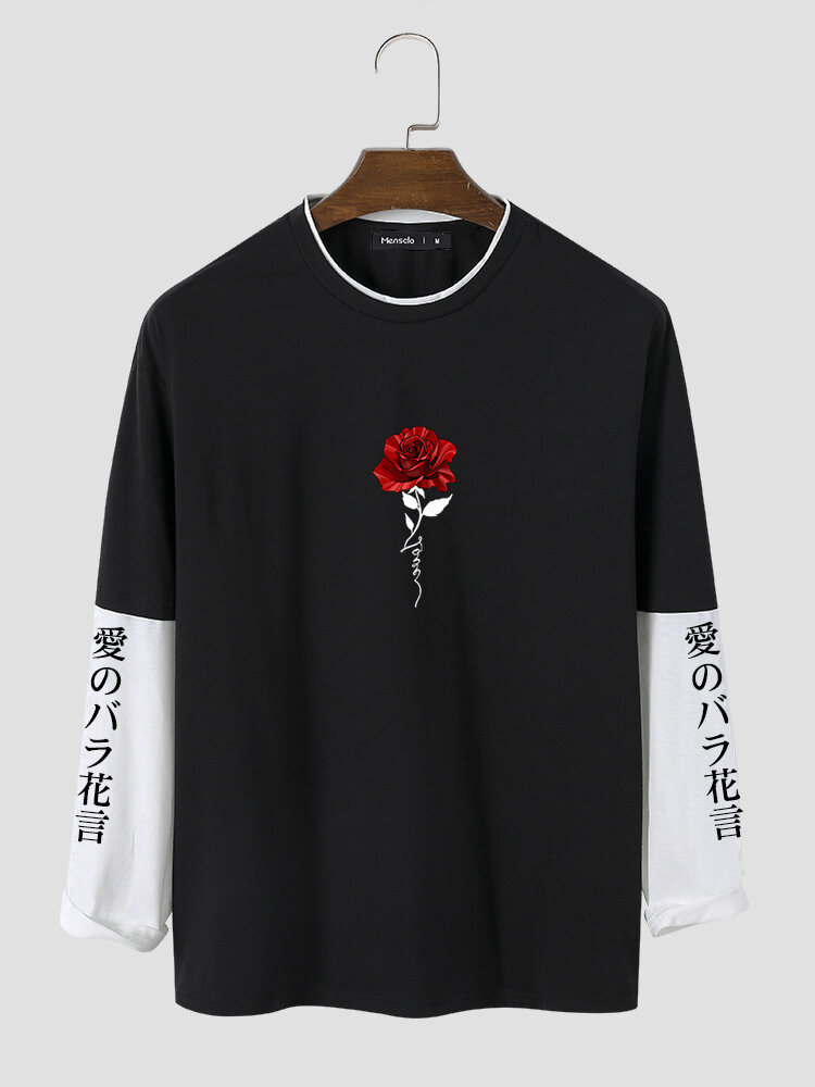 Mens Rose Japanese Print Contrast Faux Twinset Long Sleeve T-Shirts