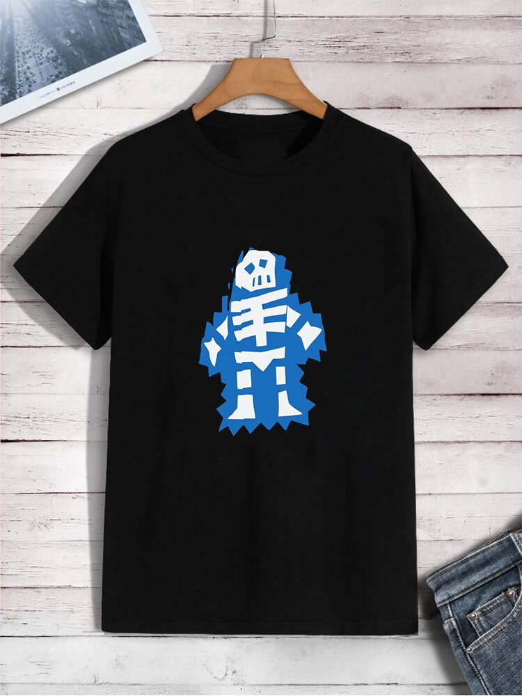 Mens Cartoon Skeleton Print Crew Neck Casual Camisetas de manga curta inverno