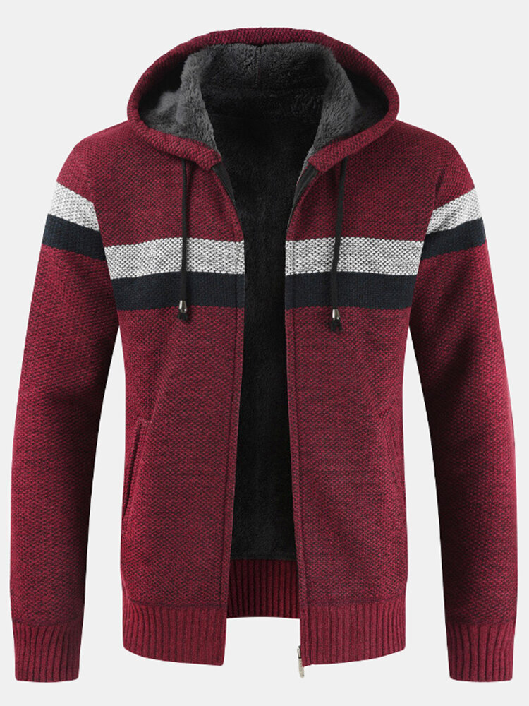 

Mens Patchwork Zip Front Rib-Knit Plush Lined Hooded Cardigans With Pocket, Red;gray;blue;navy