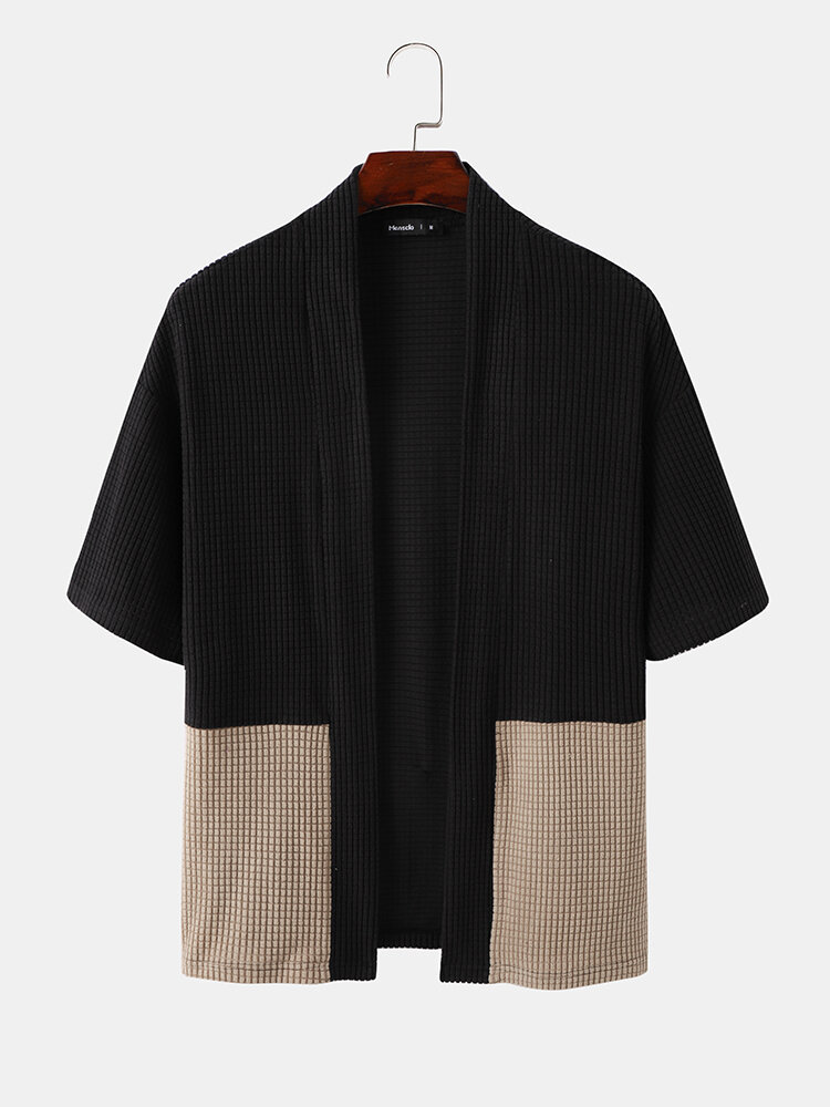

Mens Texture Two Tone Patchwork Short Sleeve Loose Kimono, Black