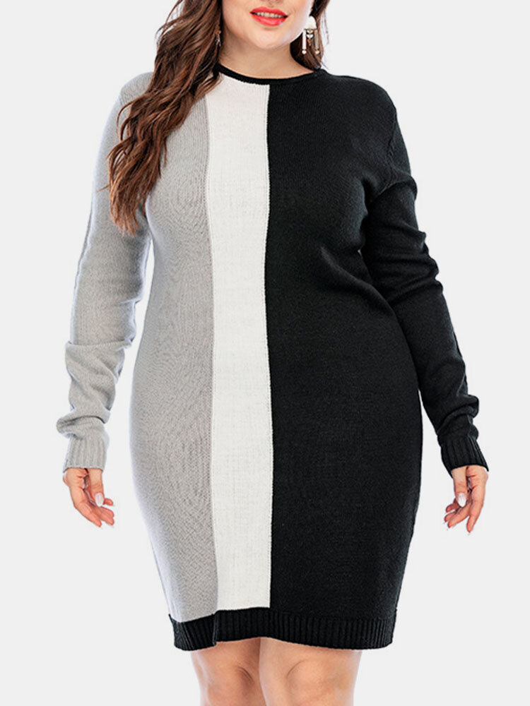 Plus Size Contrast Color Round Collar Casual Sweater Dress