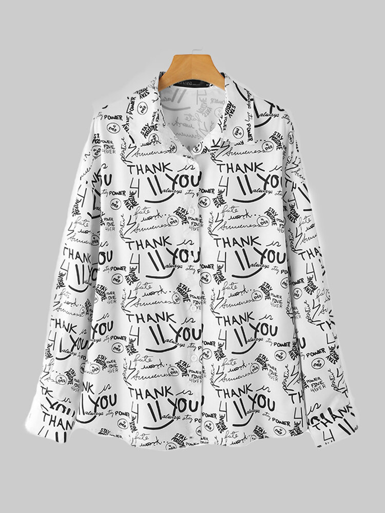 Casual Letters Print Button Long Sleeve Turn-down Collar Blouse