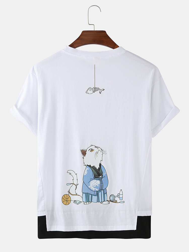Mens Solid Color Cartoon Cat Print Breathable Loose O-Neck T-Shirts