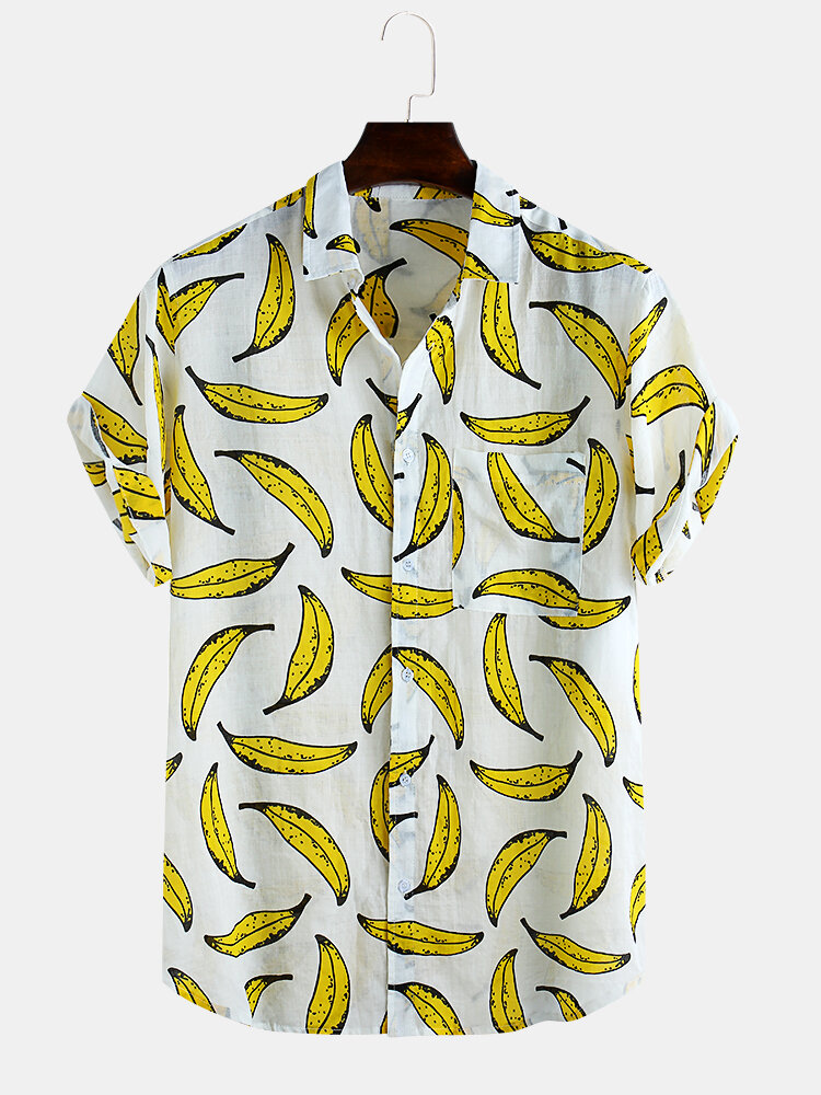 Mens Bananas Cartoon Fruit Printed Breathable Casual Short Sleeve Shirts