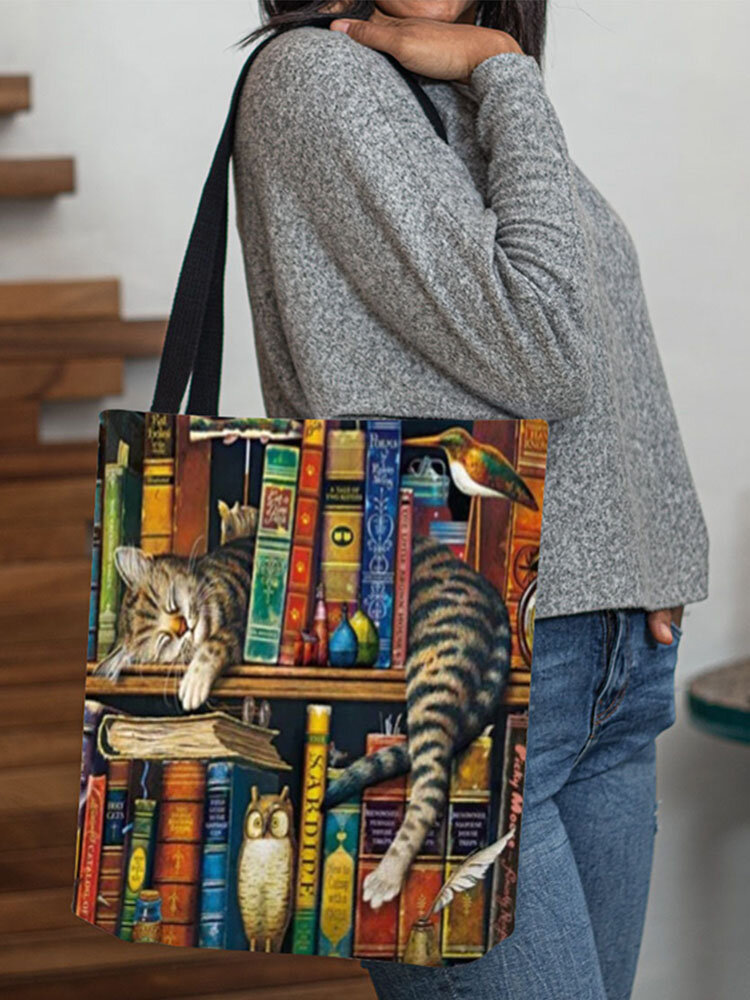 Women Canvas Cute Cartoon Oil Painting Cat Printing Waterproof Shopping Bag Shoulder Bag Handbag Tote