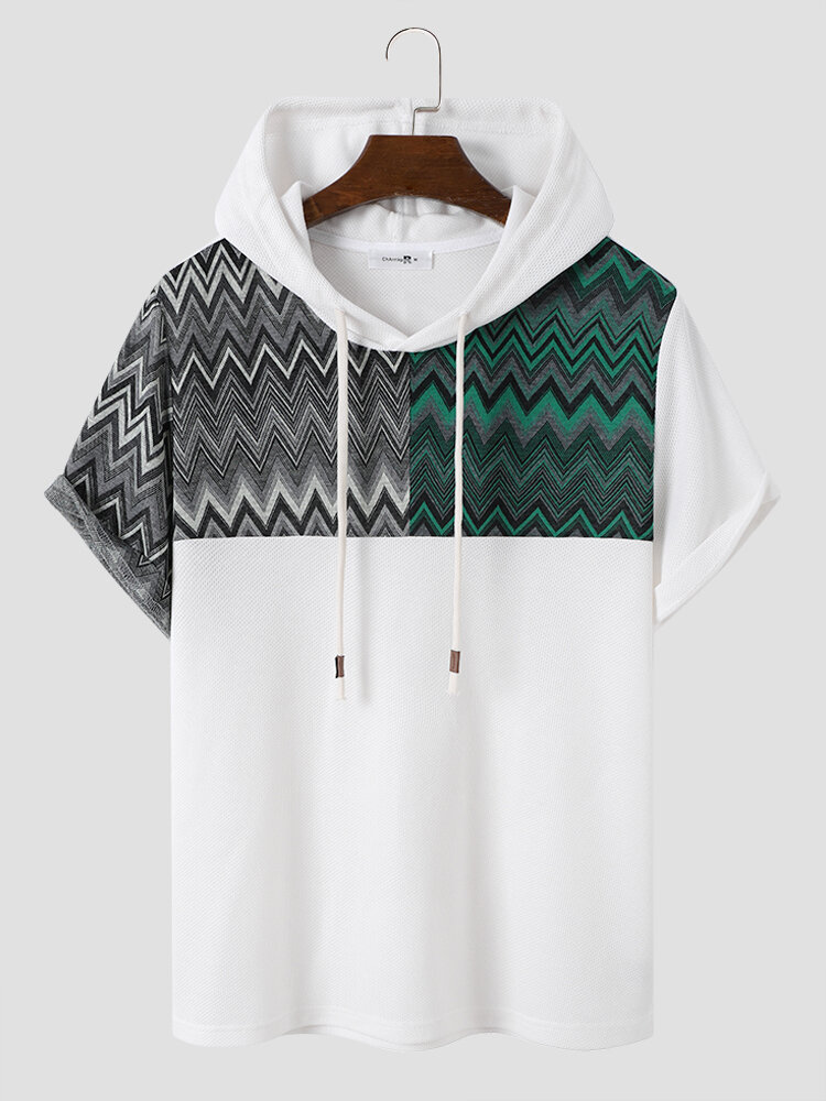 Mens Chevron Pattern Patchwork Knitted Short Sleeve Hooded T-Shirts