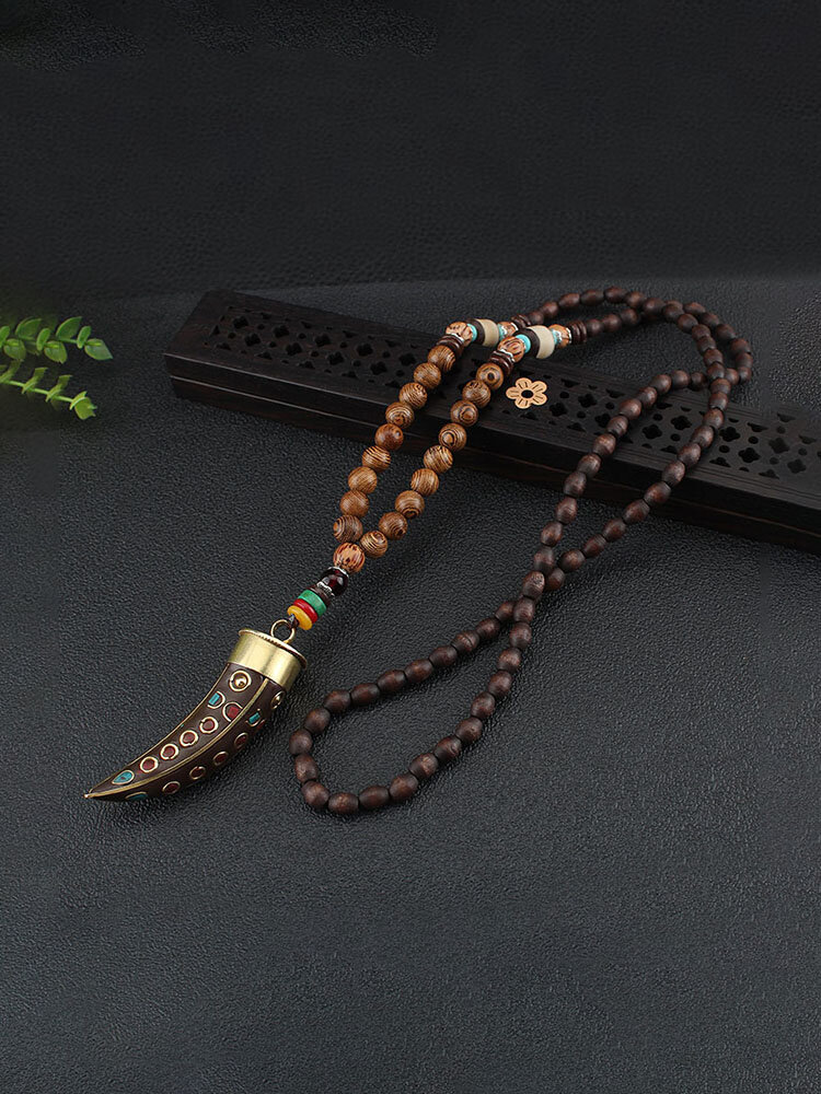 Vintage Ethnic Horn-shaped Pendant Wooden Beads Beaded Hand-made Resin Copper PU Necklace