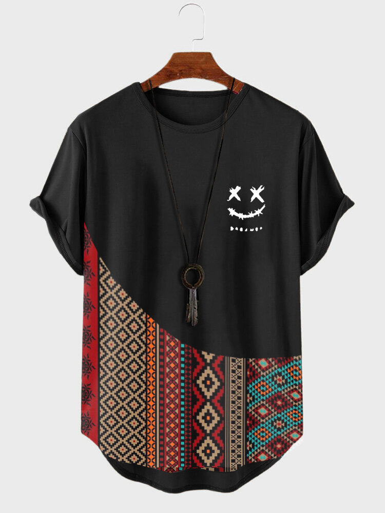 Camisetas masculinas Smile étnica geométrica estampa patchwork bainha curvada manga curta