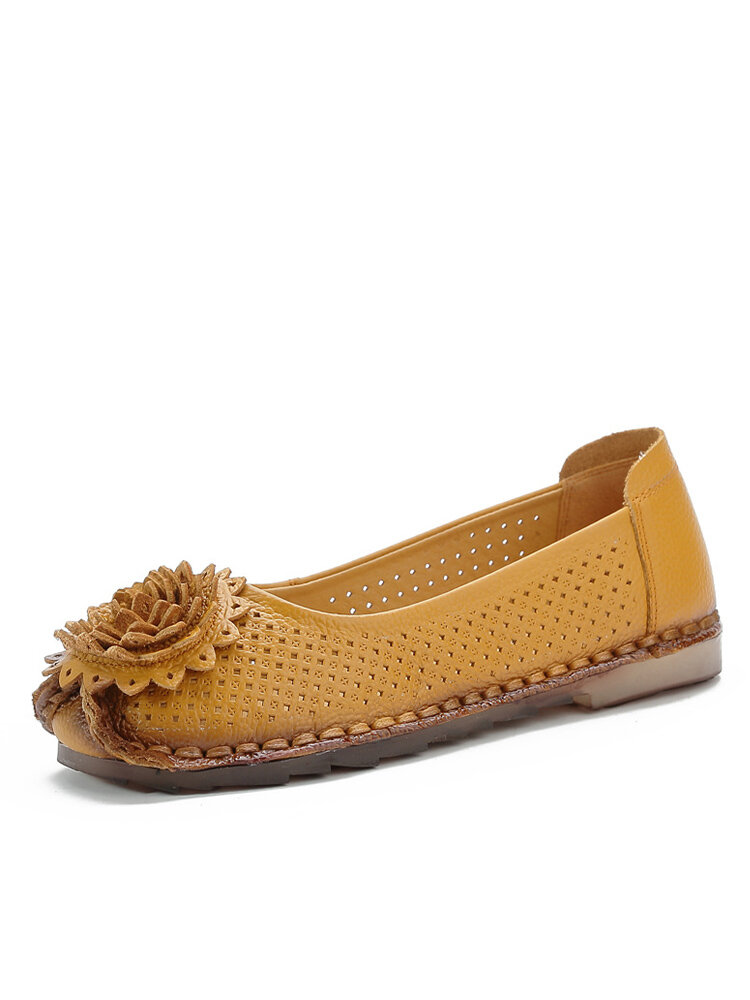 Socofy Leather Transpirable Hollow Out Soft Floral Casual Flats