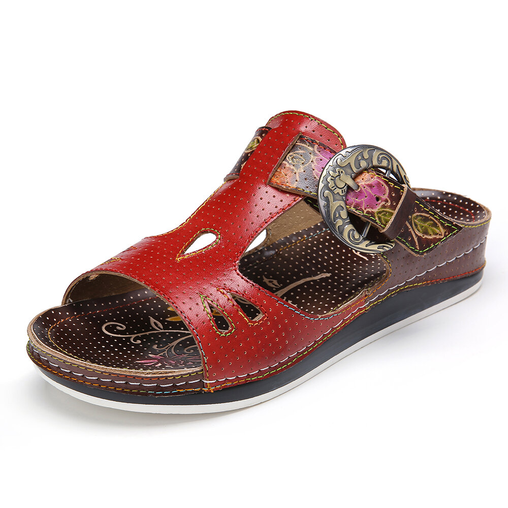 Retro Metal Buckle Embossed Floral Stitched Welt Outsole Flat Sandals
