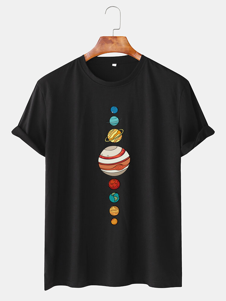 Mens Colorful Planet Printed Cotton Casual Round Neck T-shirts