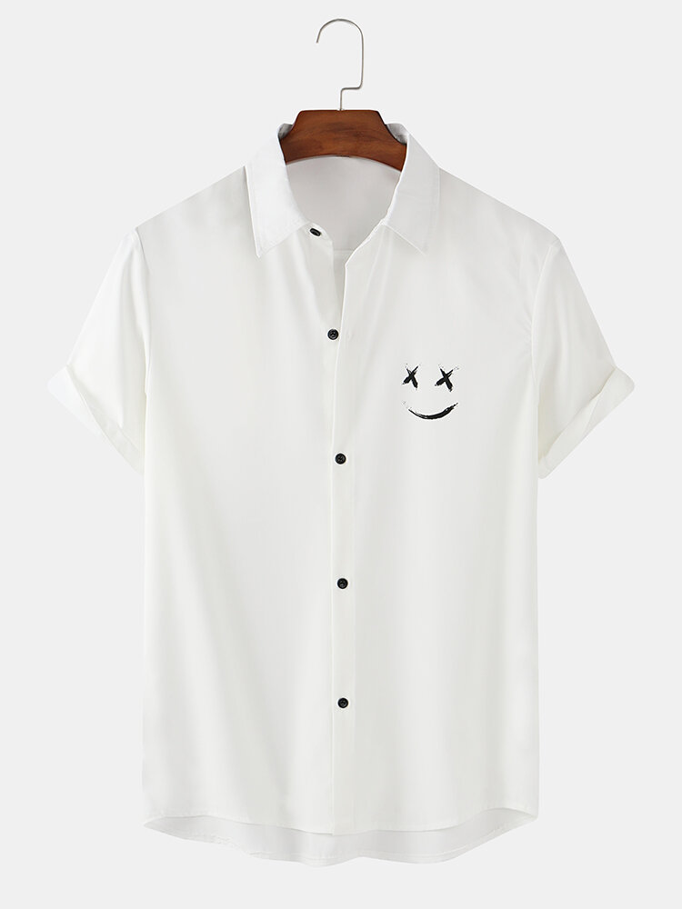 Mens Smile Face Print Button Up Short Sleeve Shirts
