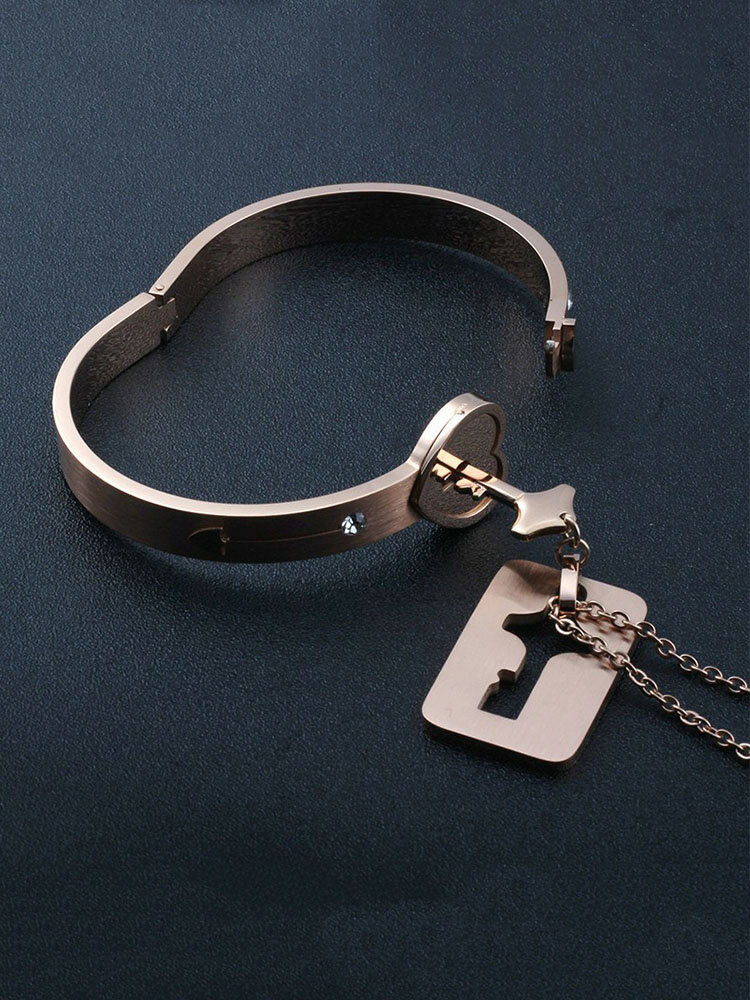2 Pcs Concentric Lock Couple Jewelry Projection Stone Lock Bangle Key Necklace Valentine's Day Gift