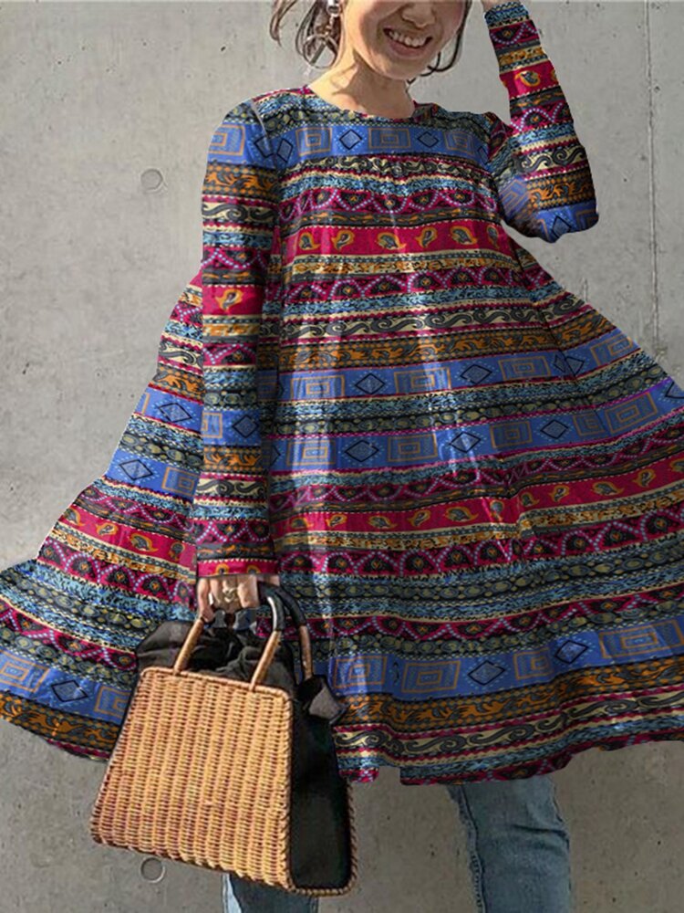 Ethnic Stripe Print O-neck Log Sleeve Vintage Blouse For Women