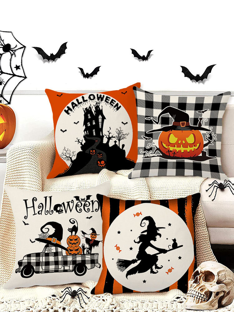 

4 PCS Retro Linen Pumpkin Clown Bat Pattern Festival Decoration Halloween Cushion Cover Throw Pillow Cover Pillowcase
