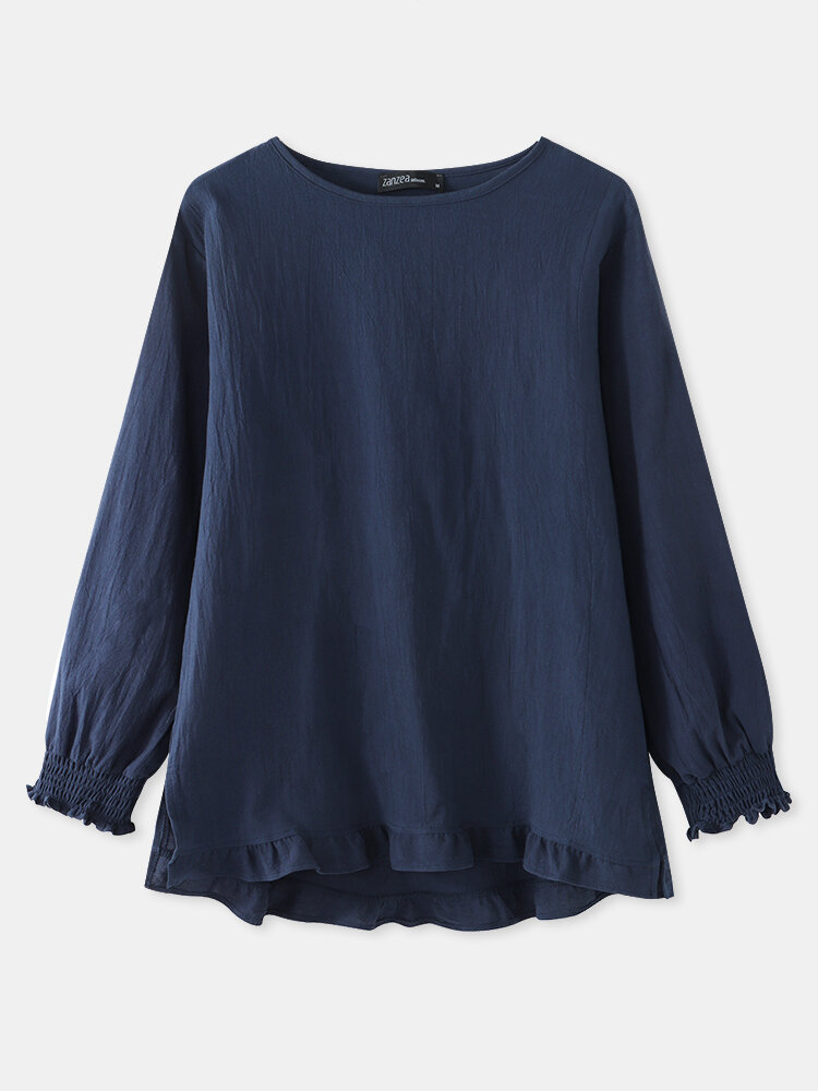 Solid Color O-neck Ruffle Hem Casual Blouse For Women