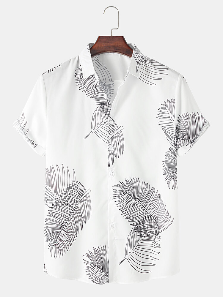 Mens Simple Plant Leaves Print Short Sleeve Cotton White Shirt