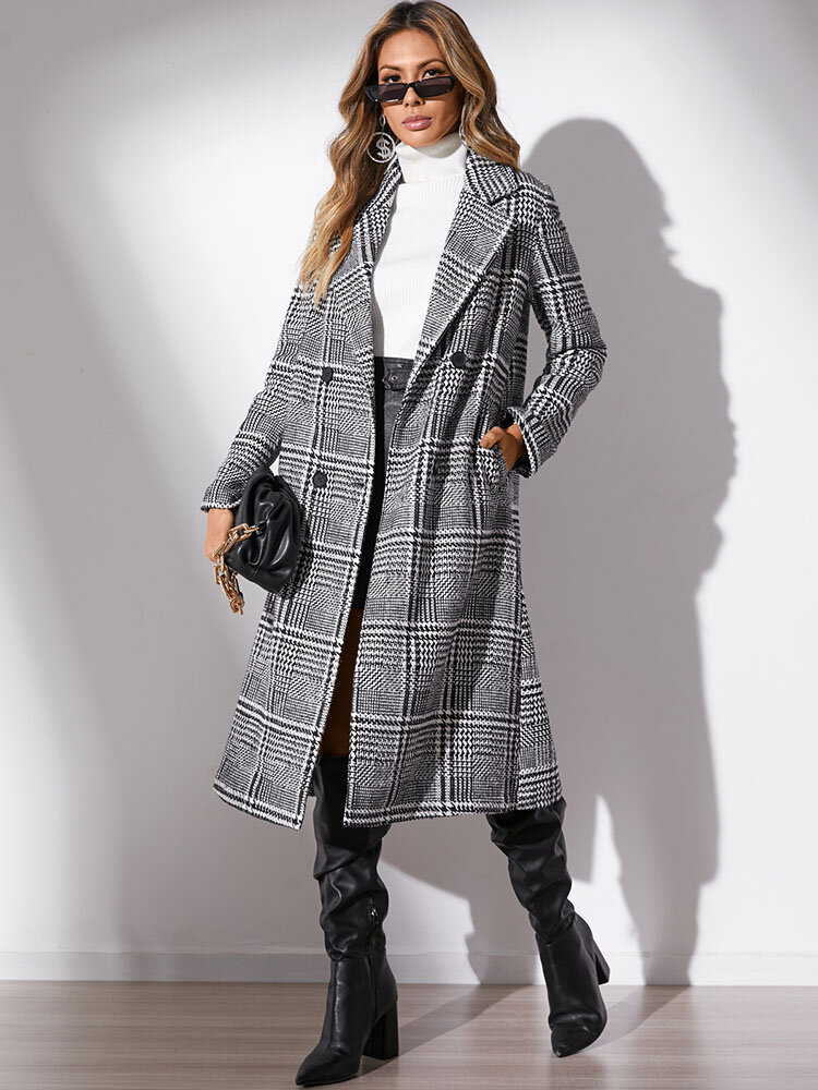 Houndstooth Check Pattern Pocket Double Breasted Coat