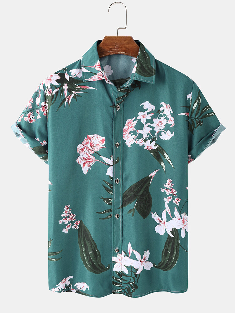 Mens Floral Plant Print Button Up Holiday Short Sleeve Shirts