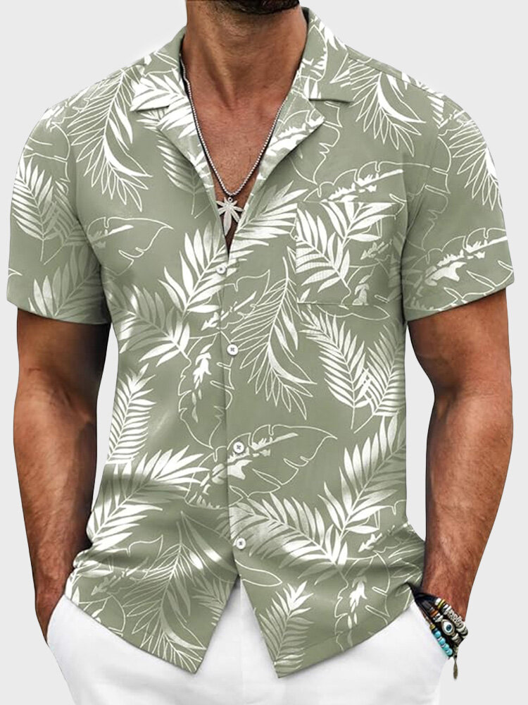 Camisas informales de manga corta con cuello reverencia y estampado de plantas para hombre