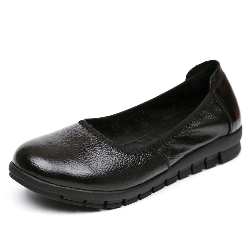 SOCOFY Casual Pure Black Slip On Leather Soft Flat Shoes