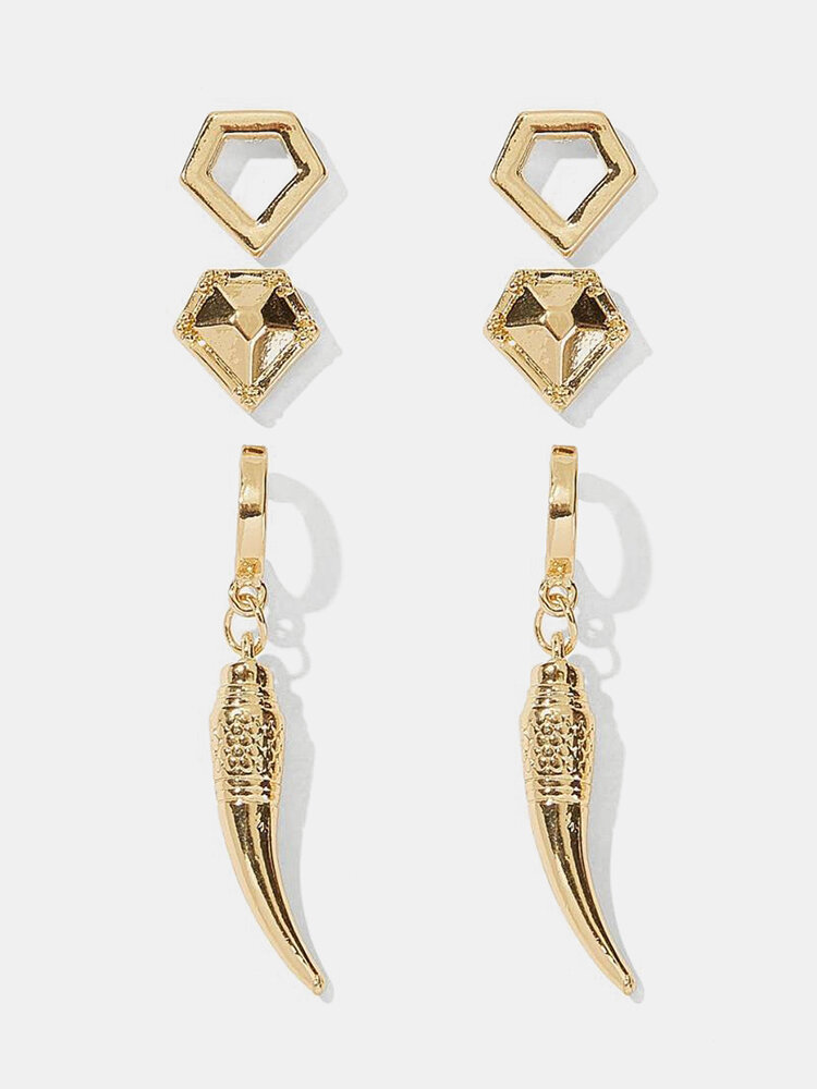 Vintage Ear Stud Set 3 Pair Hollow Gem Mermaid Tail Metal Geometric Earrings for Women