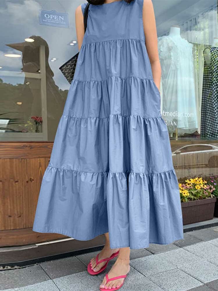 Damen Solid Tiered Design Rundhalsausschnitt Lässig ärmellos Kleid