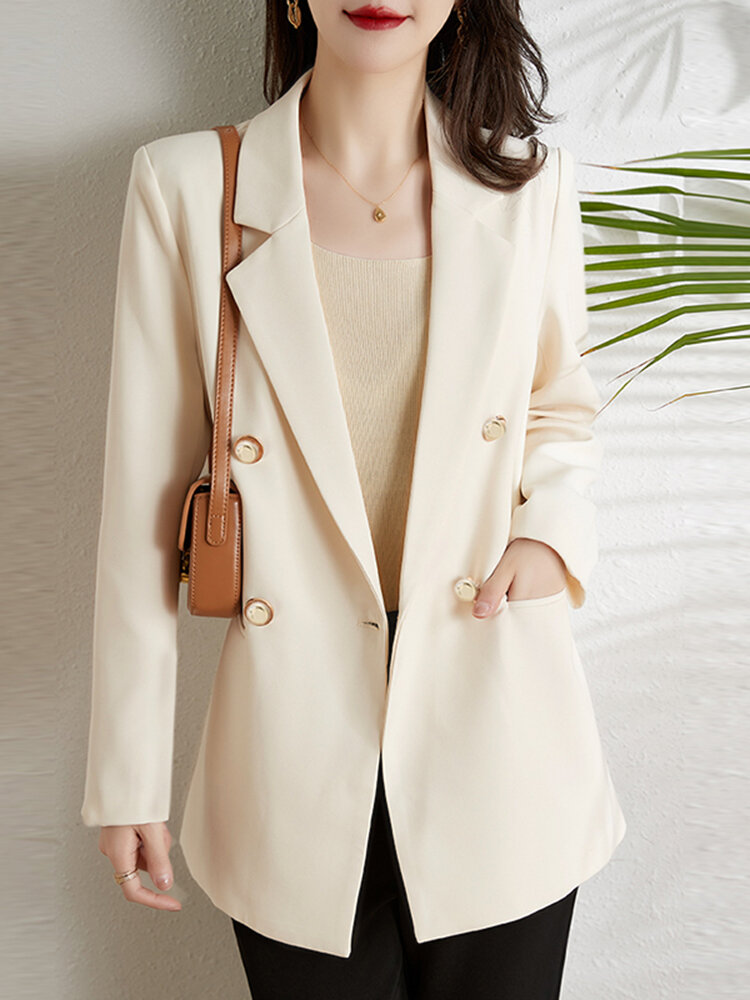 Solid Lapel Pocket Long Sleeve Button Casual Blazer