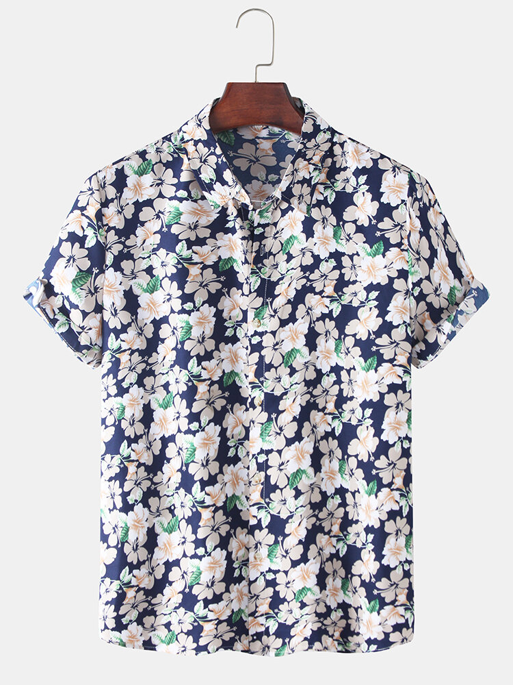 Mens Allover Floral Print Casual Breathable & Thin Short Sleeve Shirts
