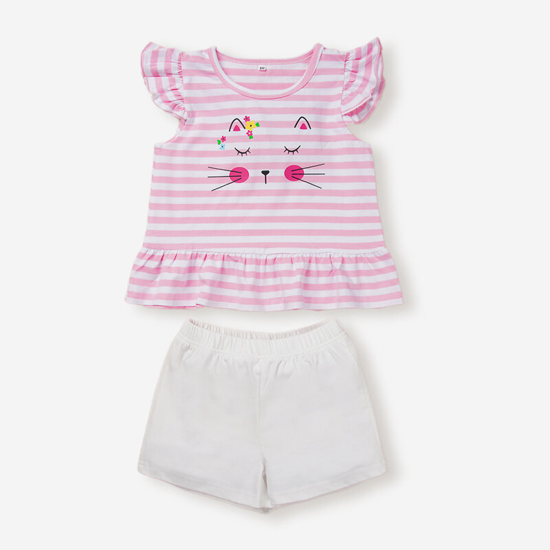 Girl's Flying Sleeves Cute Cat Striped Print Casual Clothing Set For 1-5Y