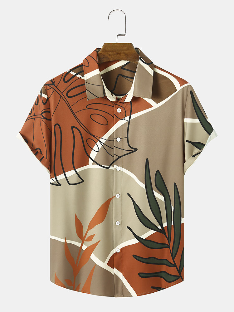 قميص رجالي اللون بلوك نبات استوائي طباعة قمصان عادية بأكمام قصيرة