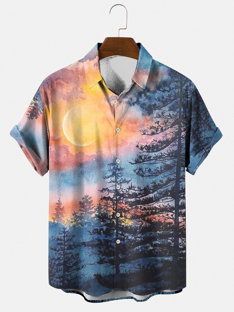 Mens Forest Landscape Ombre Print Holiday Short Sleeve Shirts