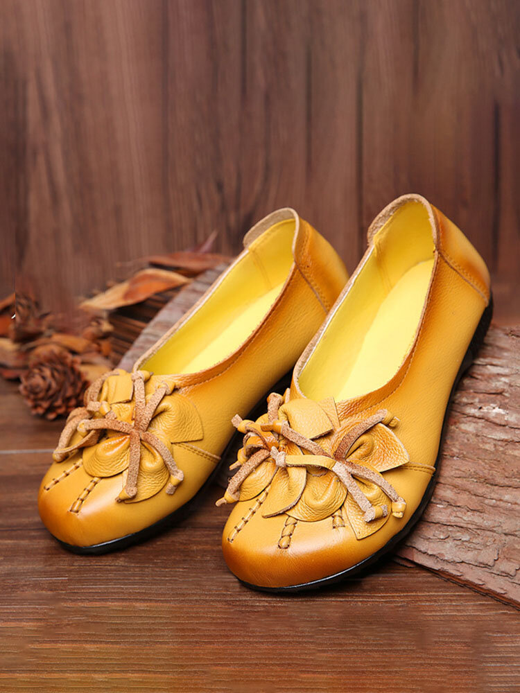 Socofy Vera Pelle Cuciture fatte a mano Casual Slip-On Soft Comode scarpe piatte con fiori annodati