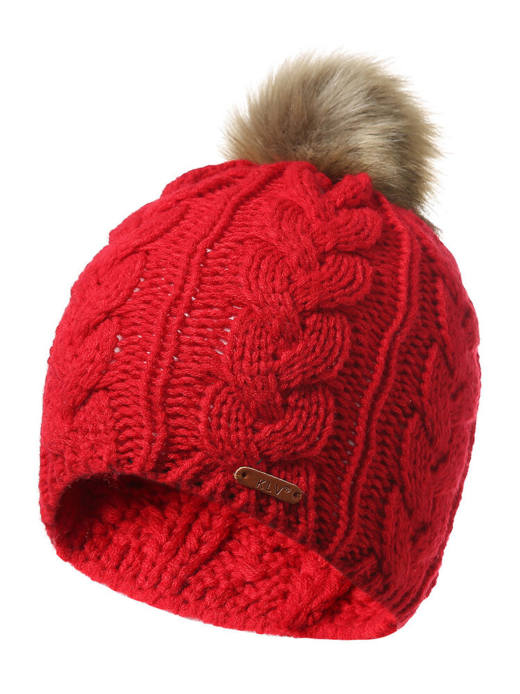Womens Winter Solid Color Knitted Cotton Fur Ball Beanie Cap Earmuffs Warm Outdoor Casual Hats