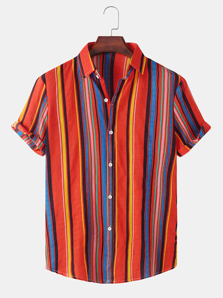 Mens Colorful Vertical Stripe Button Up Holiday Short Sleeve Shirts