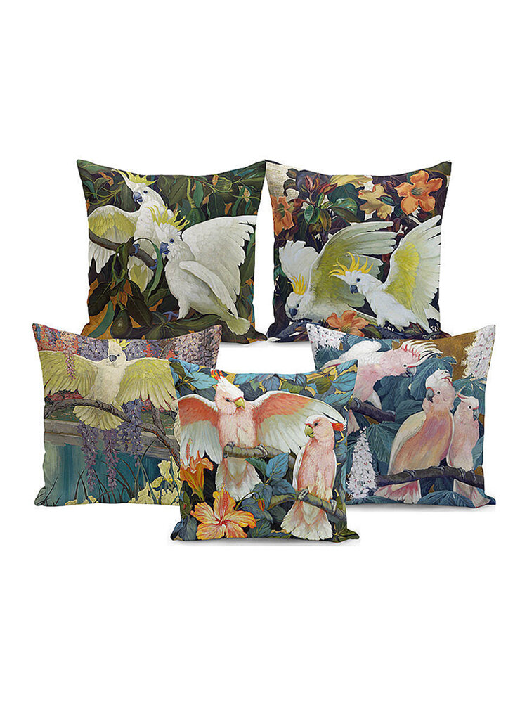 Tropical Flora And Fauna Retro Painting Parrot Peach Velvet Pillowcase Home Fabric Sofa Cushion Cover