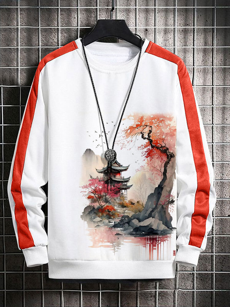 Mens Chinese Landscape Print Side Stripe Patchwork Pullover Sweatshirts Winter