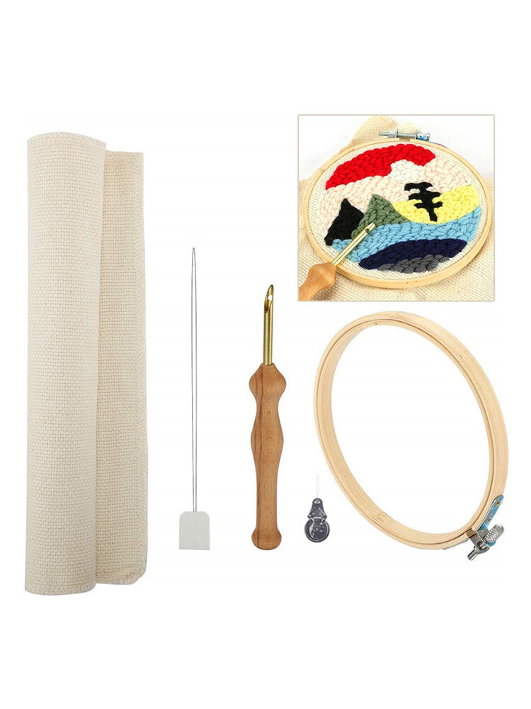 

A Set Of Wooden Magic Embroidery Pen Punch Needle Felting Threader Set Needlework Kit With Embroidery Hoop Fabric Cloth, #01