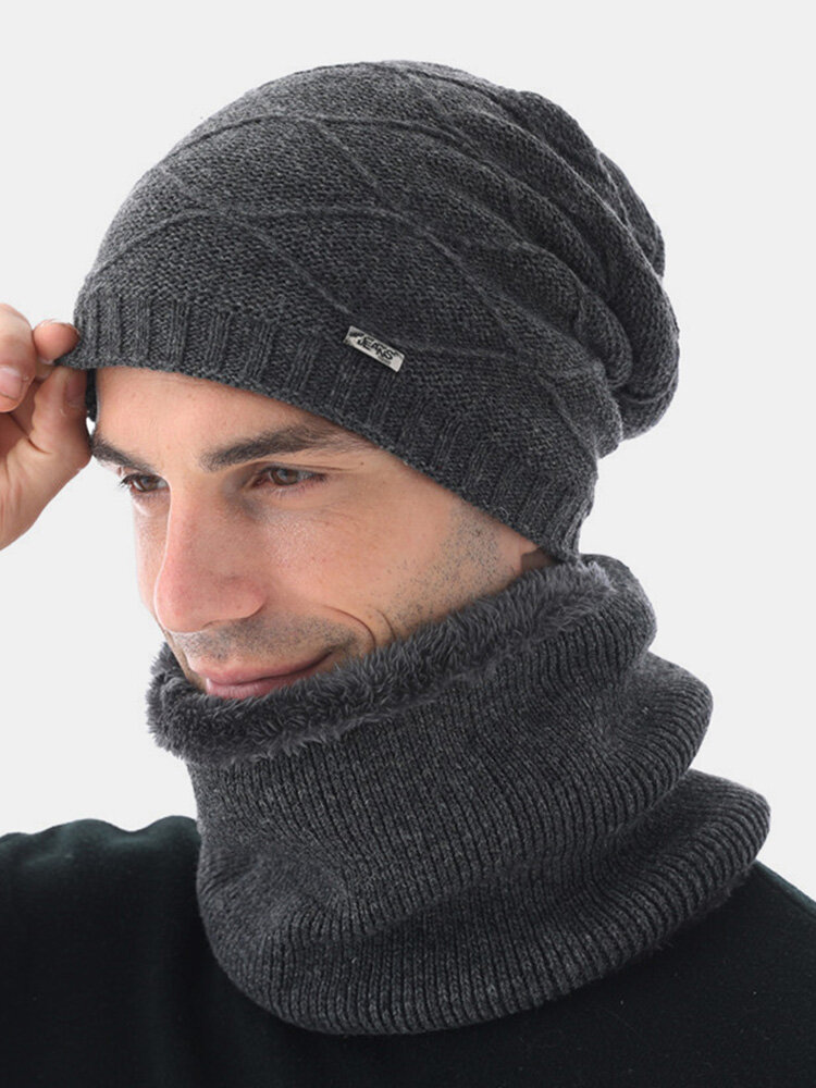 2 Pcs Men Rabbit Fur Knitted Plus Velvet Argyle Thicken Face Protection Ear Protection Beanie Hat Bib Scarf Set