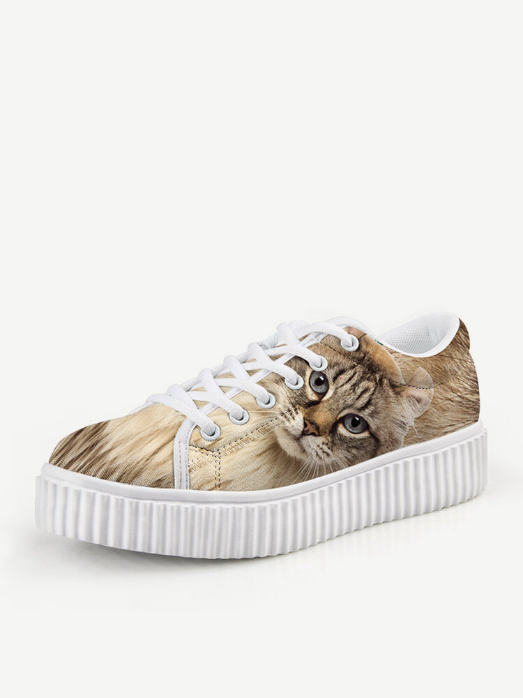 Women Cute Cat Dog Printing Thick Sole Lace Up Canvas Shoes