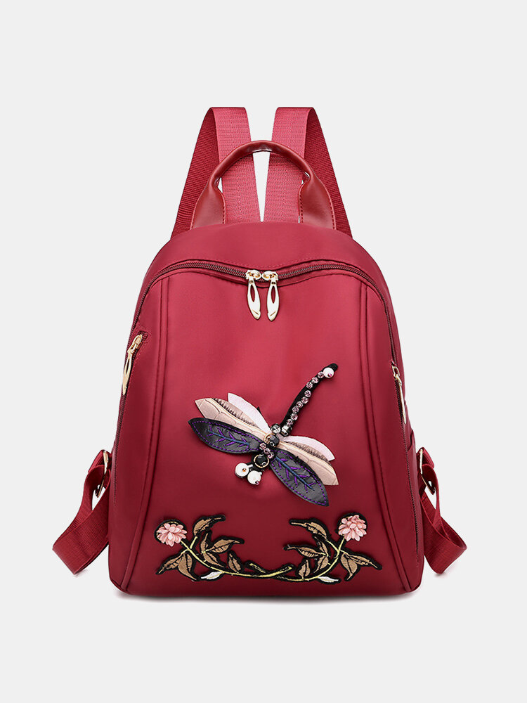 

Women Chinese Style Dragonfly Embroidered Large Capacity Calico Backpack, Red;khaki;black