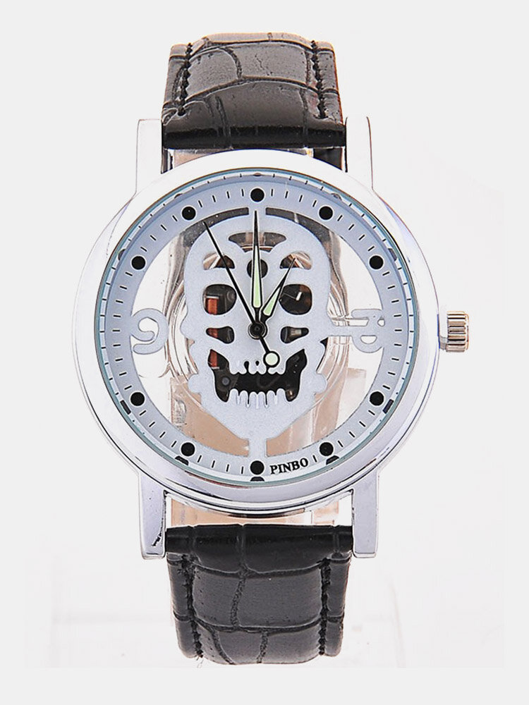 Trendy Skull Quartz Watch Double Hallow Men Watch Leather Quartz Watch Fashion Watch