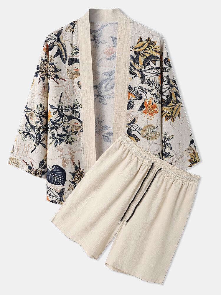 Mens Tropical Floral Print Kimono Holiday Two Pieces Outfits